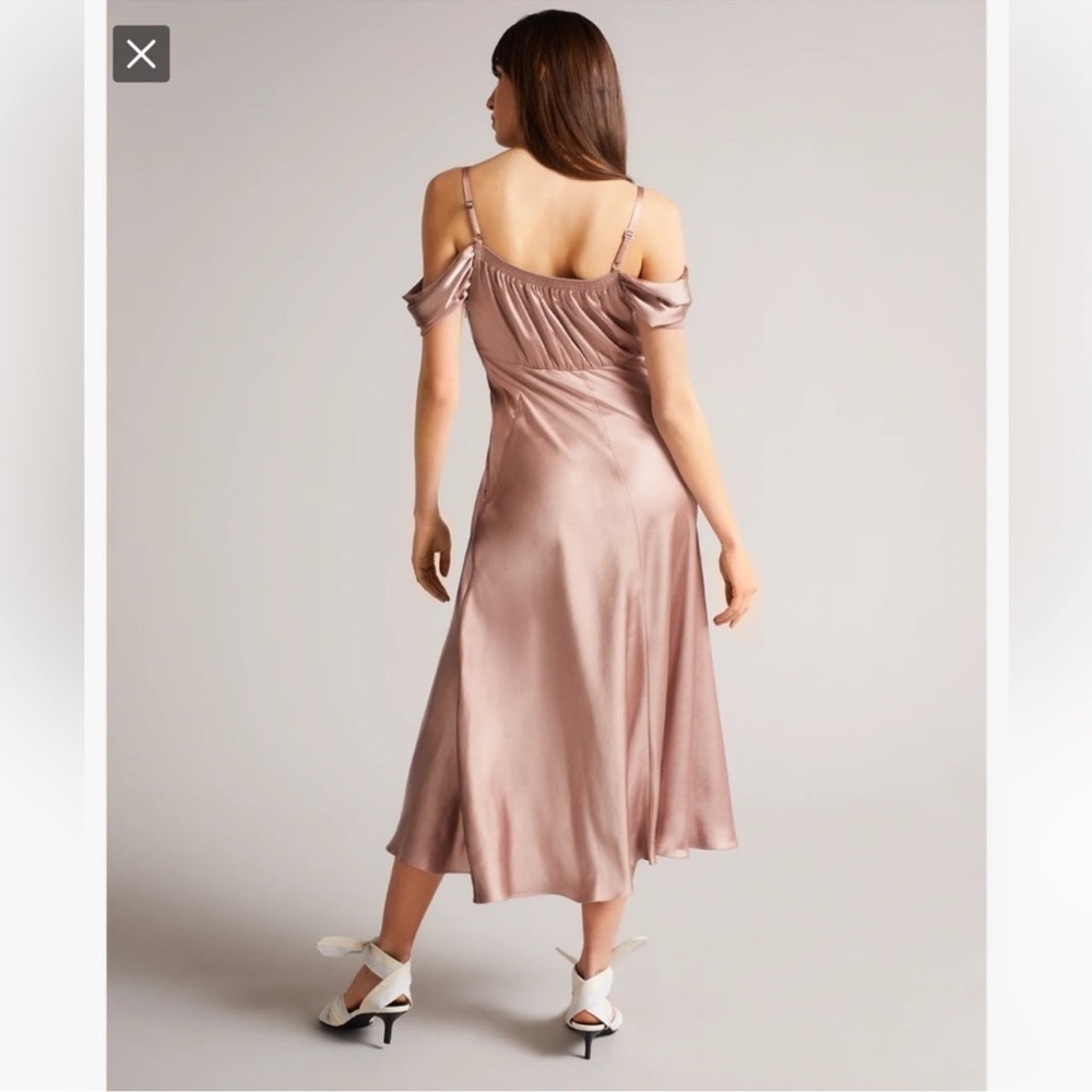 Ted Baker Esta Cold Shoulder Cowl Front Midi Slip Dress in Dusty Pink - Picture 5 of 11